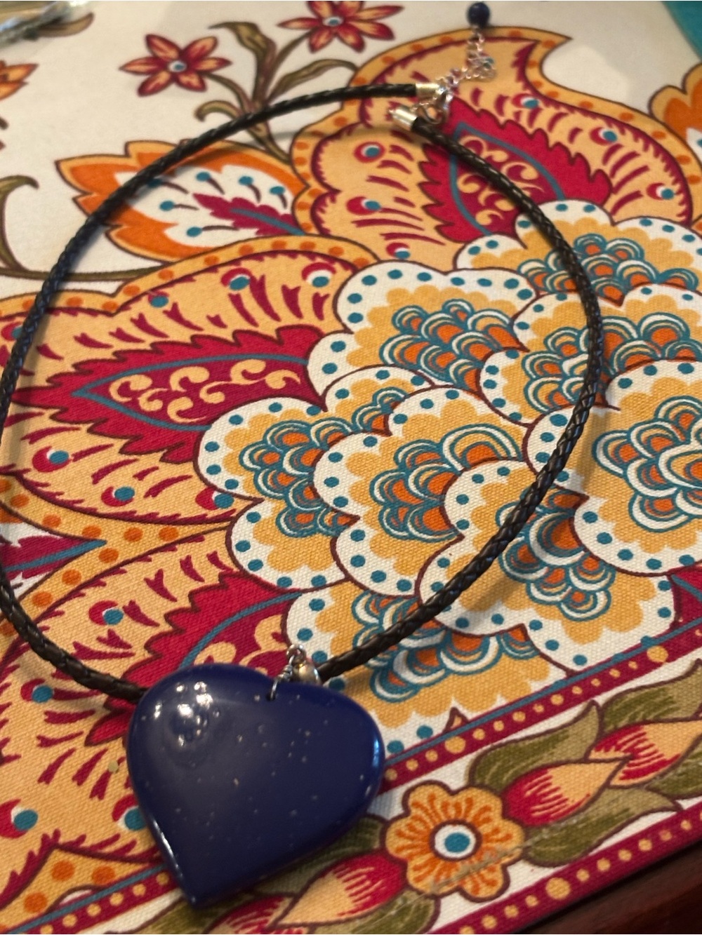Handmade Black Cord Necklace with Deep Blue Heart Pendant